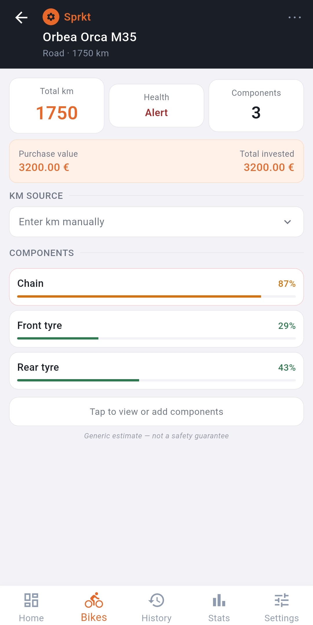 Bike detail with component wear tracking